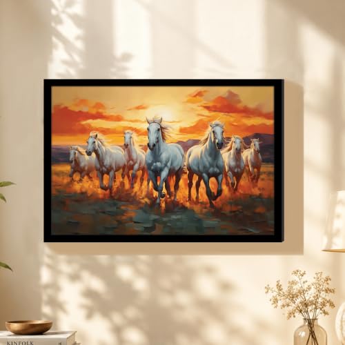 Image of PAINTINGMANTRA 7 Running Horses Vastu Framed Wall Art Painting For Living Room, Seven White Horses Poster with frame for Wall, Decoration item for bedroom, 10x13 Inch