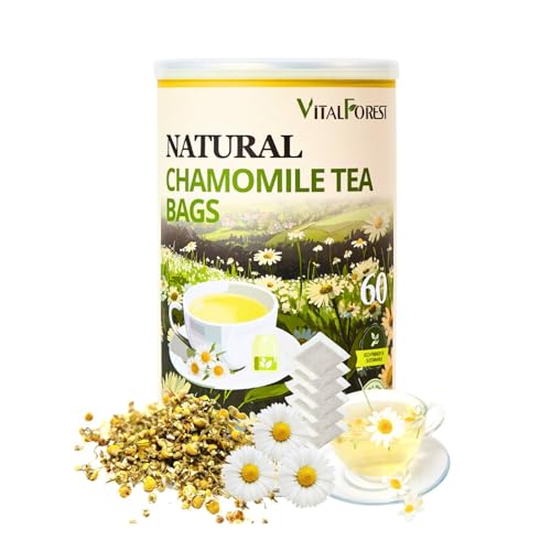 60 Chamomile Tea Bags, VitalForest Chamomile Flowers Tea, Natural Pure Camomile Tea, Caffeine Free Camomille Herbal, Help Reduce Stress And Sleep Better, Non-GMO