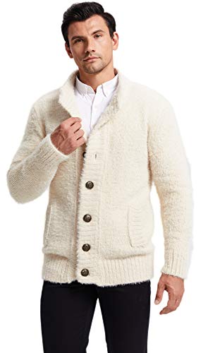 Mens Cardigan Sweater Winter Thick Cable Knitted Button Down Closure Outwear (Beige, Large)