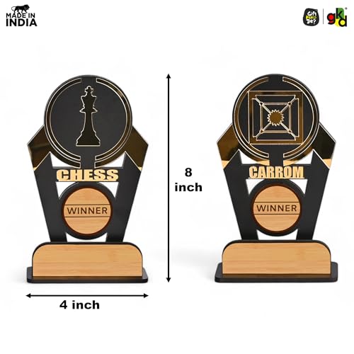 Image of GKD Wooden & Acrylic Sports Winner Trophy - Badminton, Shot Put, Carom, Chess - 8 x 4 Inches, Ideal for Awards & Celebrations (Pack of 4)