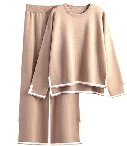 DONYKARRY Conjunto Dos Piezas Mujer 2 Pcs Casual Tejido Camisa manga larga y Pantalones verano otoño Deportivo Suelto Traje Cómodo Moda Color sólido ligera Talla grande (Caqui,S)