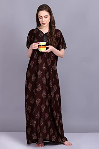 Image of Women's Alpine Botanical Leaves Print Maxi Nightgown with Pocket