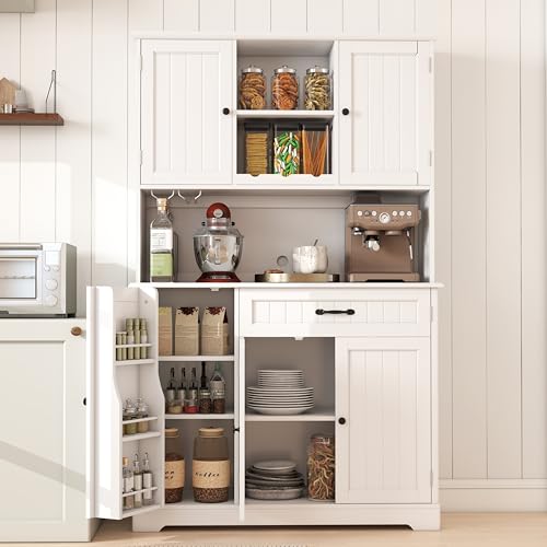Gizoon Kitchen Pantry Cabinet with Countertop Kitchen Hutch Storage Cabinet 67.7" Tall Pantry Coffee Bar with Storage for Dining Room and Craft Room, White