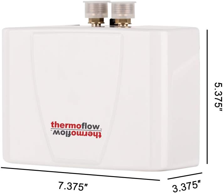 Diagram showing dimensions of the Thermoflow water heater: 7.375 inches wide, 5.375 inches high, 3.375 inches deep