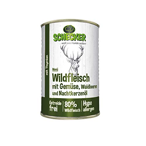Schecker Nassfutter - Hundemenü Wildfleisch mit Gemüse, Waldbeeren - 12 x 200 g - getreidefrei - hypoallergen - 80% Wildfleisch