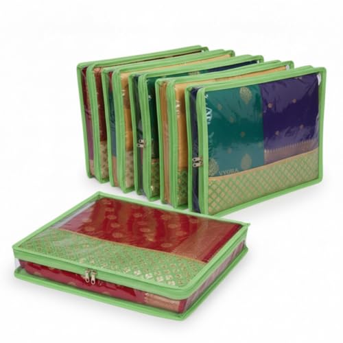 Image of Premium Saree covers for storage Pack of 6 Saree covers with zip transparent Saree bags Sequin Design Cloth organizer Cloth covers for packing Wardrobe organizer Saree pouch (Green, Pack of 6)