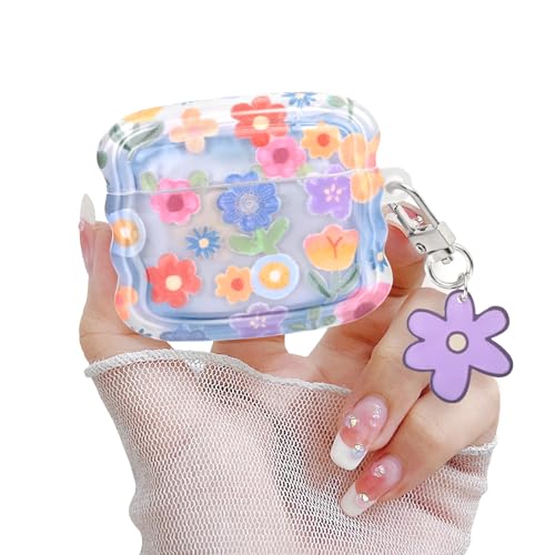 Newseego Airpods 4 Generación (2024) Funda para Niñas Mujeres, Linda Flor Patrón Wave Frame Suave TPU Protección Completa a Prueba de Golpes con Llavero Floral para Airpods 4ª Gen Carcasa de Carga