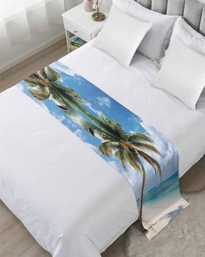 DecorLovee Summer Palm Tree Bed Runners for Queen Size Bed, Decorative Bed Throws for Foot of Bed, Sandy Beach Ocean Sky Cloud Plants Bed Runner Sofa Throw Bedding Scarf Protector for Bedroom