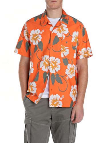 Replay Men's Relaxed Fit Short Sleeve Cotton Shirt, 010 Orange Flowers, M