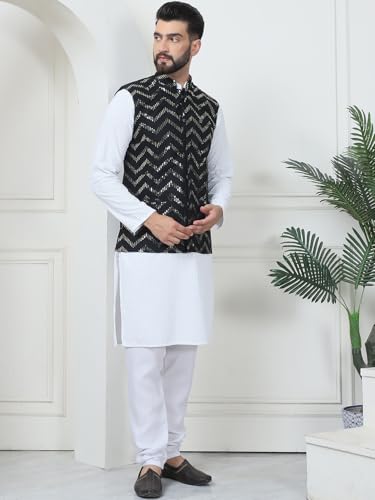Image of SOJANYA (Since 1958 Men's Cotton Linen Maroon Kurta and White Pyjama with Mustard Cotton Nehru Jacket