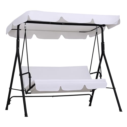 Outsunny Balancelle de Jardin 3 Places Toit Inclinaison réglable Coussins Assise et Dossier 1,72L x 1,1l x 1,52H m Acier Noir Polyester Blanc