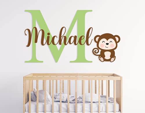 Custom Name & Initial Jungle Baby Monkey - Baby Girl Or Boy - Nursery Wall Decal For Baby Room Decorations - Mural Wall Decal Sticker For Home Children's Bedroom (Egd-005) #TOP22