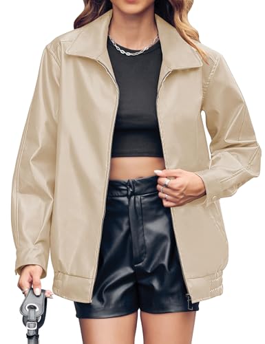 Miladusa Womens Oversized Leather Jackets Faux Casual Zip Up Trendy Bomber Motorcycle Jacket with Pockets