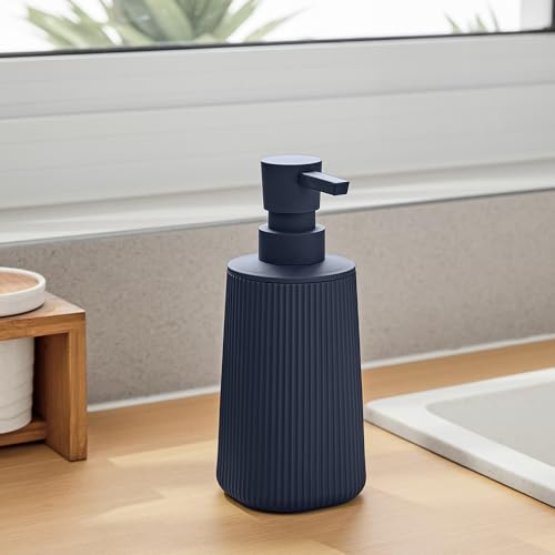 Image of Small Soap Dispenser for Bathroom and Kitchen, Modern Farmhouse Striped Style Plastic Hand Soap Dish Soap Dispenser with Pump Matte Blue