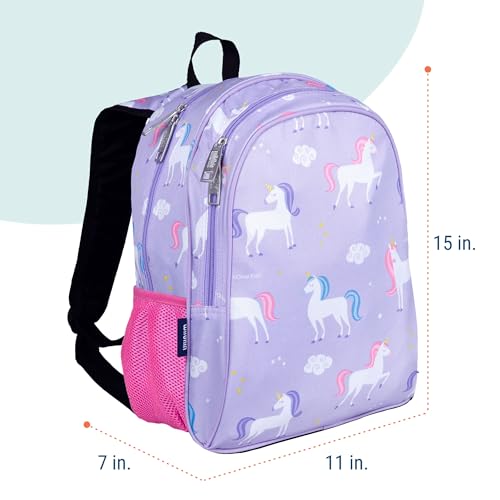 Image of Wildkin 15 Inch Backpack for Kids, Unicorn | Ages 5-10, padded straps, side water bottle pocket - coordinates with matching Wildkin lunch boxes and water bottles