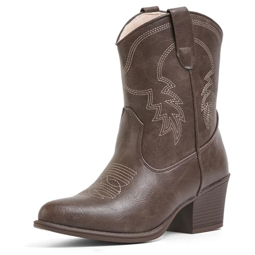 Image of IXU Cowboy Boots for Women Ankle Cowgirl Booties Wide Mid Calf Pointed Toe Western Boots Short Chunky Classic Booties