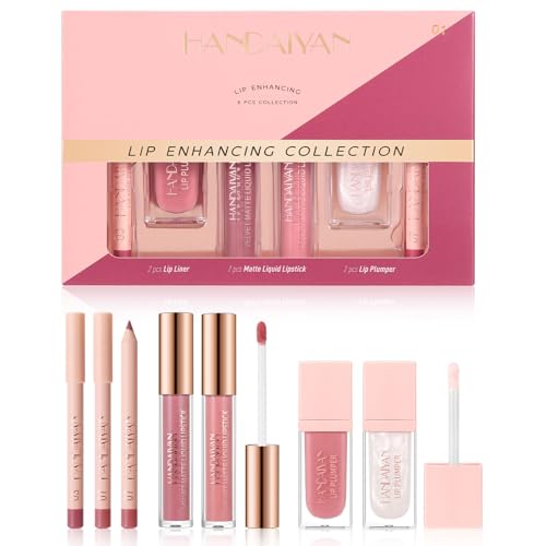 6PCS Lip Combo Set – Matte Liquid Lipstick, Lipliner & Lip Plumper Kit, Long-Lasting Moisturising Lipstick Makeup Gift Set for Fuller Lips, Nude & Pink Shades (# 01)