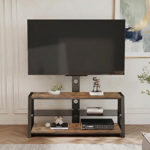 RAPRAP Mueble de TV de madera con vidrio templado negro, soporte de TV ajustable en altura, centro de entretenimiento giratorio multidireccional con soporte de pared, marrón - 116X125x42 cm