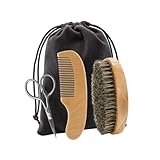 BAZEITFLOW Langlebigem Holzkamm Antistatischer Bartbürste Präzise Bartschere aus Edelstahl Inklusive Praktischem Stoffbeutel Pflegezubehör für Männer mit Bart