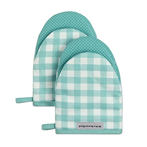 Image of KitchenAid Gingham Mini Oven Mitt 2-Pack Set, Aqua Sky, 5.5 inchx8 inch