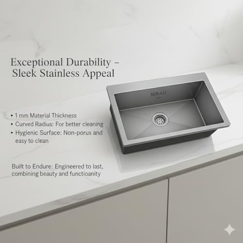 Image of Nirali Kitchen Sink Square 30 inchx19 inchx9 inch Morgan | 304 Grade Stainless Steel | Handmade Single Bowl Sink with Waste Coupling | 25 Yrs Warranty on Product by Brand (Morgan 30x19)
