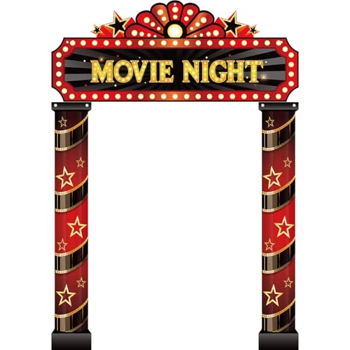 Image of Peryiter 3 Pcs Movie Night Porch Sign Banner Movie Theme Party Decorations Theater Door Entrance Banner Welcome Now Showing Lights Hanging Porch Sign Camera Film Backdrop Red Carpet Party Decoration