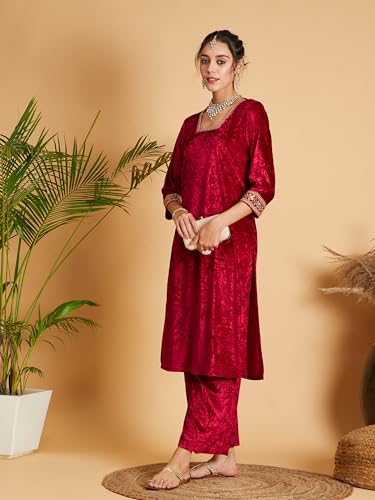 Image of Women's Velvet Floral Embroidered Straight Kurta | Round Neck Three-Quarter Sleeve Calf Length Kurti with Thread Work