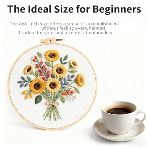 Image of Sunflower Embroidery Kit for Beginners - All in One DIY Cross Stitch Starter with Hoop, Pre-Printed Fabric, Embroidery Threads, Needles,Perfect Craft Gift for & Home Decor
