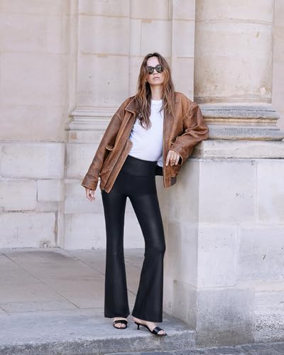 MOOSLOVER Women Faux Leather Flare Leggings Stretch PU Coated High Waisted Bell Bottom Pants(L,Black) - Thumbnail 3