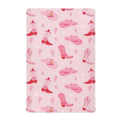 Image of Pink Western Cowgirl Boots Crib Sheets Soft Breathable Fitted Baby Crib Sheets Mattress Cover for Girl Boys, 52 inch x 28 inch x 9 inch