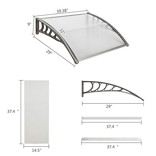 Outvita Window Awning Door Canopy 40\"x30\", Polycarbonate Cover Front Door Outdoor Patio Awning Canopy UV Rain Snow Sunlight Protection Hollow Sheet, Clear Board & Grey Bracket - Thumbnail 3
