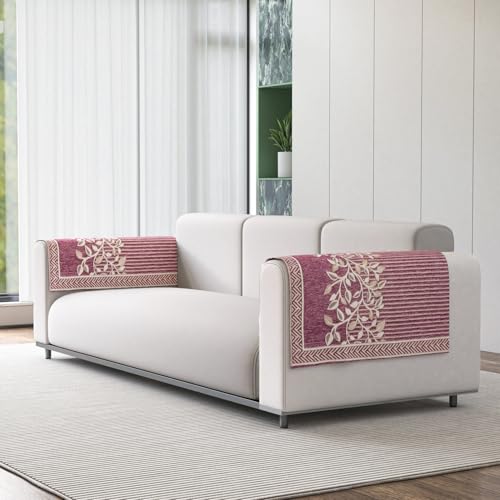 Image of Nendle Premium Chenille Floral Sofa Mat Arms Cover Only - Soft & Durable Protector for L Shape /Standard Sofa Set (58 cm, Pink, 1 Piece)
