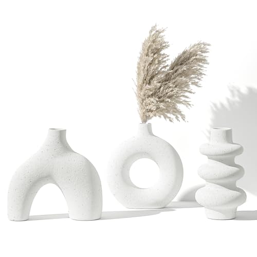 Vankarr Vase - Set of 3 Weiße Blumenvasen aus Keramik für Wohnungsdeko Trockenblumen Vasen für Tischdecko mit Pampasgras, handgemachte Vase