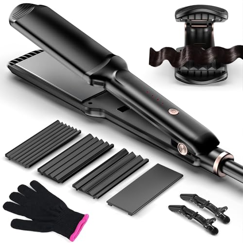 Hair Crimper Waver, Professional Hair Straightener Beach Waves Curling with 4 Interchangeable Ceramic Plates | Auto Temp Control for All Hair Types | Quick Heat Wide Plate Styling Tool & Straightener