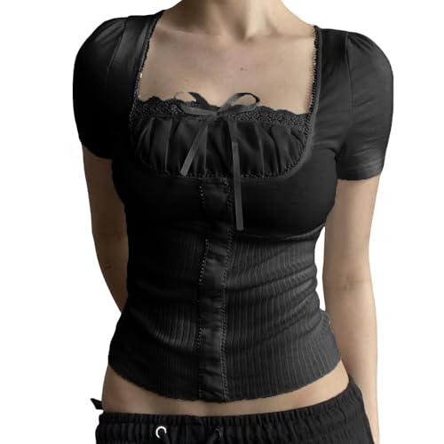 Image of Fairy Grunge Y2k Shirts Vintage Graphic Print Aesthetic Crop Tops Short Sleeve 90s E Girls Slim Fit Summer Tees