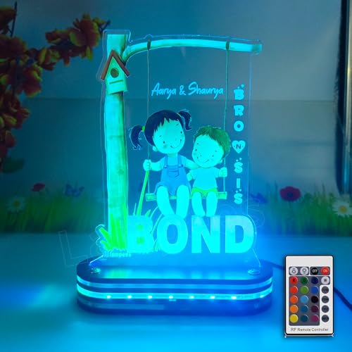 Image of lampees Acrylic Rakhi Gift for Sister-Brother Personalized Name UV Print Lamp | Customized Rakshabandhan Gifts for Sister and Brother (Multicolor Remote)
