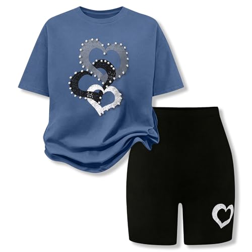 Image of 9-16Y Tween Girl Clothes 2 Piece Short Sleeve Heart Print Top and Shorts Teen Girl Summer Outfits Short Set