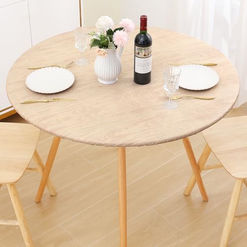 Smiry Round Picnic Tablecloth, Waterproof Elastic Fitted Table Covers for 45" - 56" Tables, Wipeable Flannel Backed Vinyl Tablecloths for Camping, Indoor, Outdoor, Beige