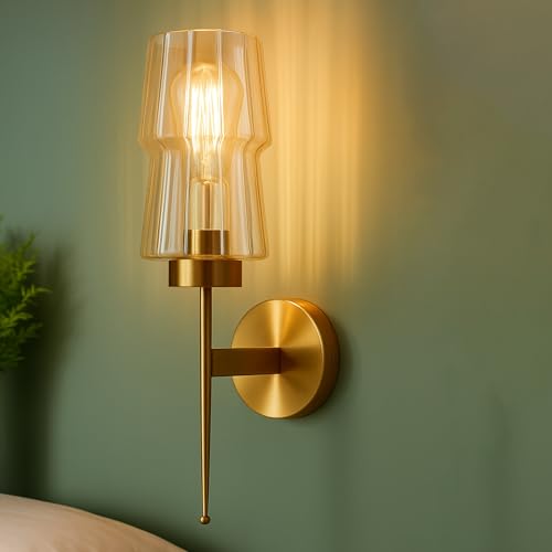 Image of SINOMAN Modern Golden Wall Lamp Amber Glass Shade Stylish Metal Body Decorative Indoor Sconce Lighting Fixture Wall Light Fixture for Living Room, Staircase, Bedroom and Home Decor (with Bulb)
