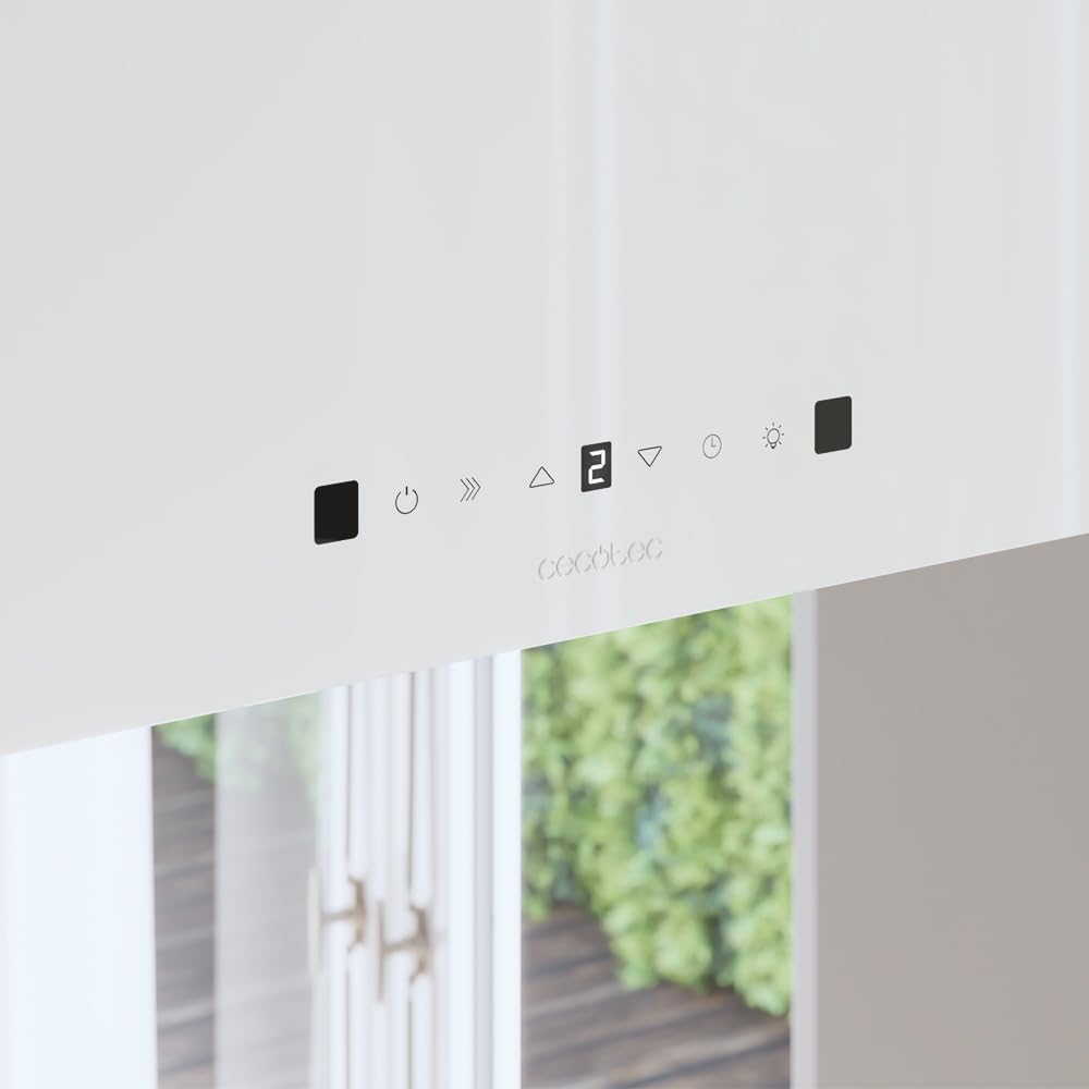 Cecotec Cappa Aspirante a Isola 44 cm, Cappa Cucina. Bolero Flux CCT 448000 Glass White A++ Cappa 44cm vetro bianco, Flusso d'Aria 800m3/h, 210W, A++, Slider, LED, Carbonio Ø176, alluminio 5 strati
