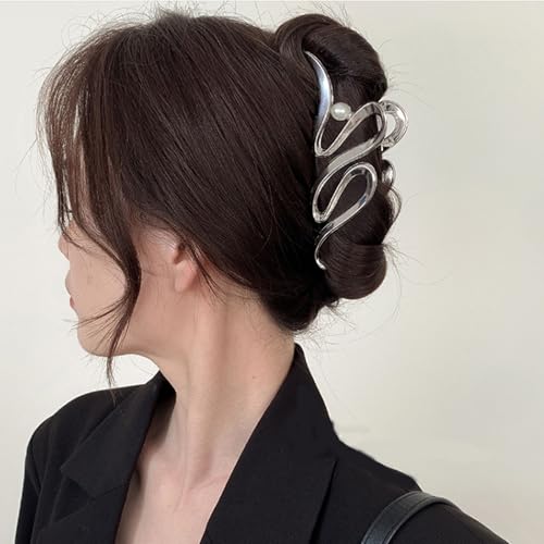 1 PCS Pinza de Pelo de Metal para Cabello Grueso y Pesado, Sujetador Fuerte Antideslizante para Cabello Largo, Clips de Pelo Metálicos de Moda para Mujeres y Niñas (Plateado)