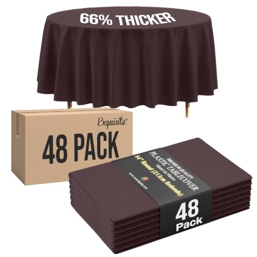 Image of Exquisite Brown Round Tablecloth 84 inch - 48 Pack | Plastic Tablecloth, Disposable Table Covers Round for Parties, Weddings, Holidays & Party Supplies