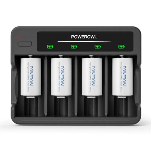 POWEROWL Rechargeable C Batteries with 4 Bay Battery Charger, USB Quick Charging, for AA AAA C D Ni-MH Ni-CD Rechargeable Batteries -4 Count