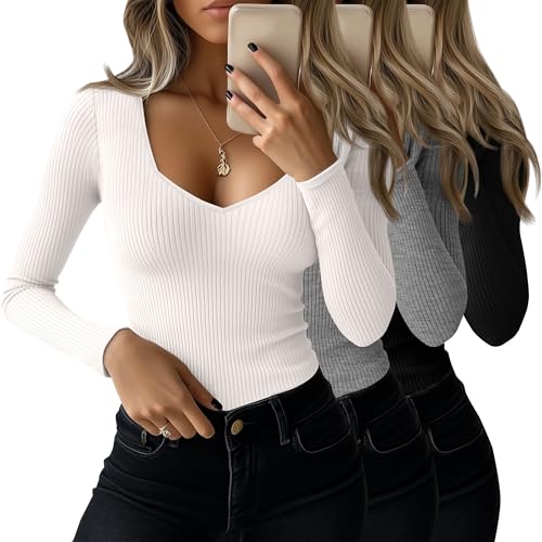 Huukeay 3 Pack Women's Ribbed Long Sleeve Shirts, Sexy Sweetheart Neckline Tops Fall Knit Slim Fit T-Shirt Y2k Going Out Tees