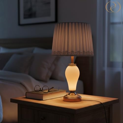 Image of ELARE Classic Brass Finish Table Lamp with Silver-Grey Pleated Fabric Shade & Decorative Trim | Luxury Bedside Night Lamp for Bedroom & Living Room | Modern Decorative Table Light for Home Decor