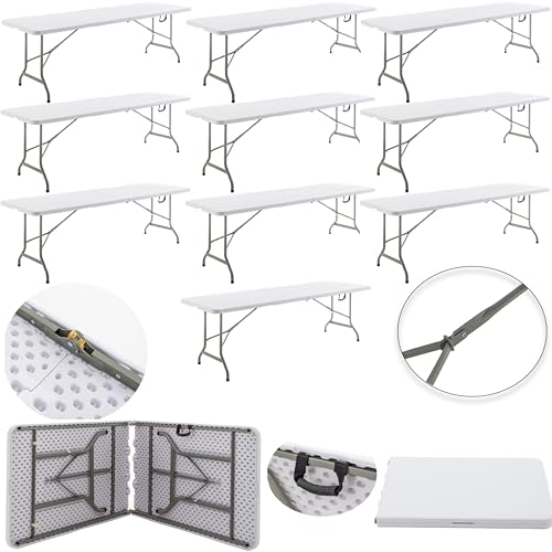Image of BTEXPERT Set of 10, 8 Foot Plastic Folding Table Portable 96 inch Long Table for Indoor Outdoor Events Banquet Dining Party Rectangular Carrying Handle 30 inch Wide, 29 inch High White