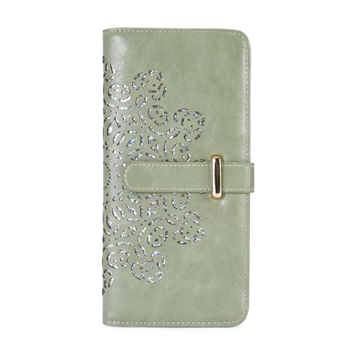 Ultra Slim RFID Wallet Women Thin Clutch Bifold Compact Long Womens Coin Wallet with Hollow Out Mandala GREEN