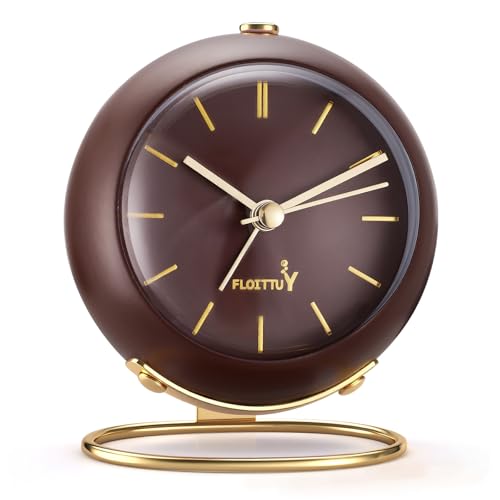 FLOITTUY Silent Table Analog Alarm Clock No Ticking, Lighted on Demand and Battery Operated, Beep Sounds, Small Desk Clock(Cocoa Brown)