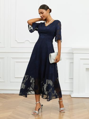 Summer Maxi Dresses for Women 2025 Casual Flutter Sleeve V Neck Cocktail Dress Smocked Elegant Ruffle A-Line Flowy Lace Dress3