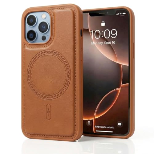 Image of amazon basics Premium PU Leather Case for iPhone 13 Pro, MagSafe Compatible Magnetic Ring, Sleek Protective Back Cover - [Tan]